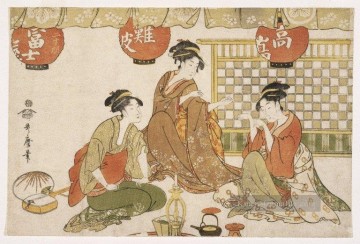  Damen Kunst - Drei sitzende Damen mit Laternen Kitagawa Utamaro Ukiyo e Bijin ga
